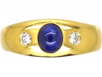 18ct Gold Cabochon Sapphire & Diamond Three Stone Rub Over Set Ring