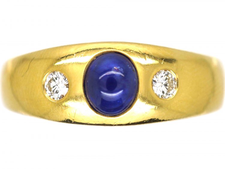 18ct Gold Cabochon Sapphire & Diamond Three Stone Rub Over Set Ring