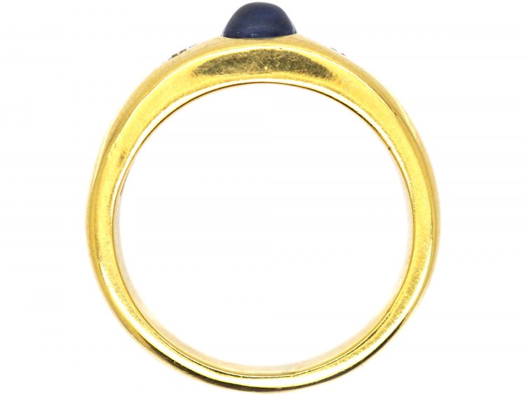 18ct Gold Cabochon Sapphire & Diamond Three Stone Rub Over Set Ring