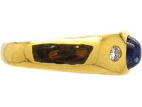 18ct Gold Cabochon Sapphire & Diamond Three Stone Rub Over Set Ring