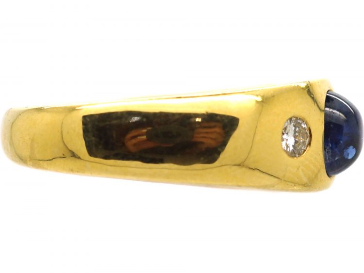 18ct Gold Cabochon Sapphire & Diamond Three Stone Rub Over Set Ring