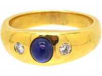18ct Gold Cabochon Sapphire & Diamond Three Stone Rub Over Set Ring