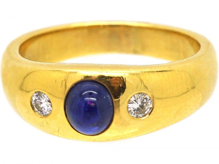 18ct Gold Cabochon Sapphire & Diamond Three Stone Rub Over Set Ring