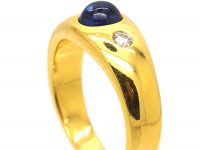 18ct Gold Cabochon Sapphire & Diamond Three Stone Rub Over Set Ring