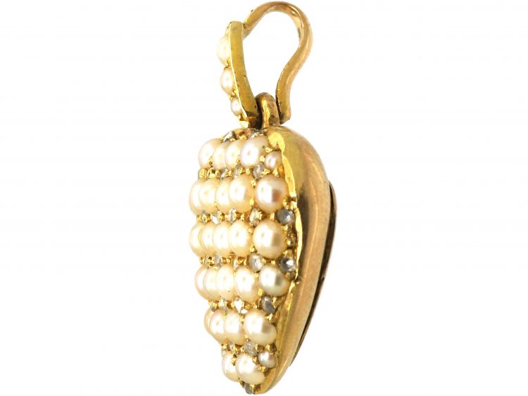 Edwardian 15ct Gold, Natural Split Pearls & Rose Diamonds Heart Pendant