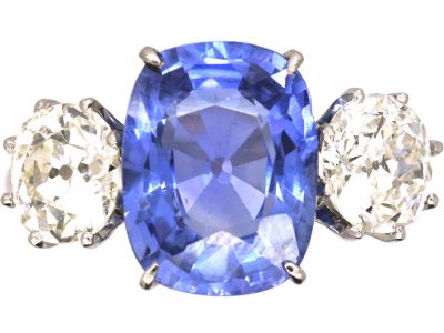 Platinum Large Unheated Sapphire & Diamond Three Stone Ring