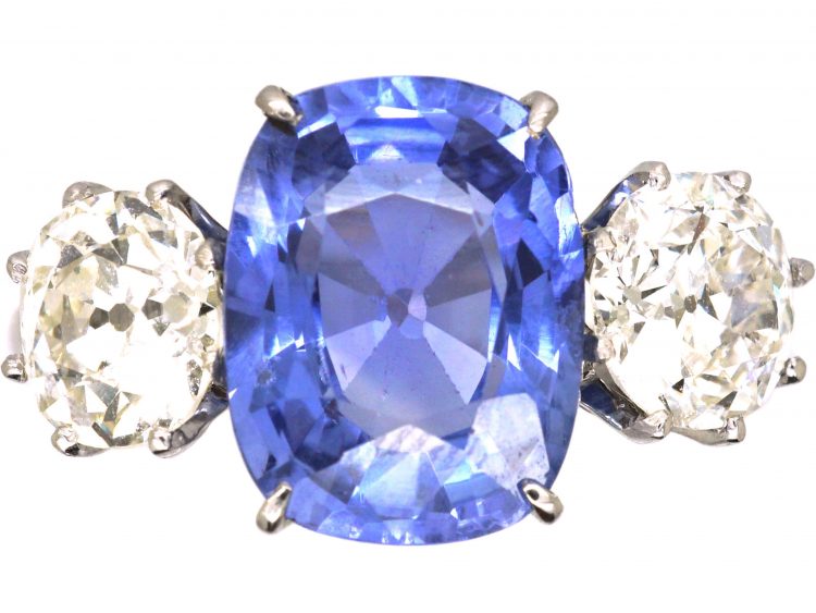 Platinum Large Unheated Sapphire & Diamond Three Stone Ring