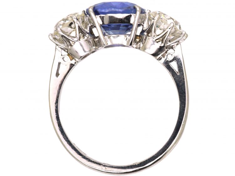 Platinum Large Unheated Sapphire & Diamond Three Stone Ring