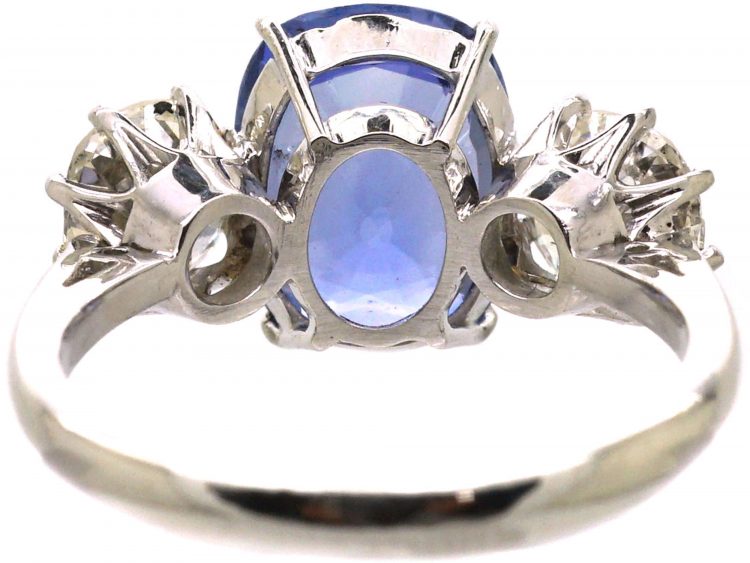 Platinum Large Unheated Sapphire & Diamond Three Stone Ring