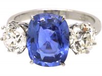 Platinum Large Unheated Sapphire & Diamond Three Stone Ring
