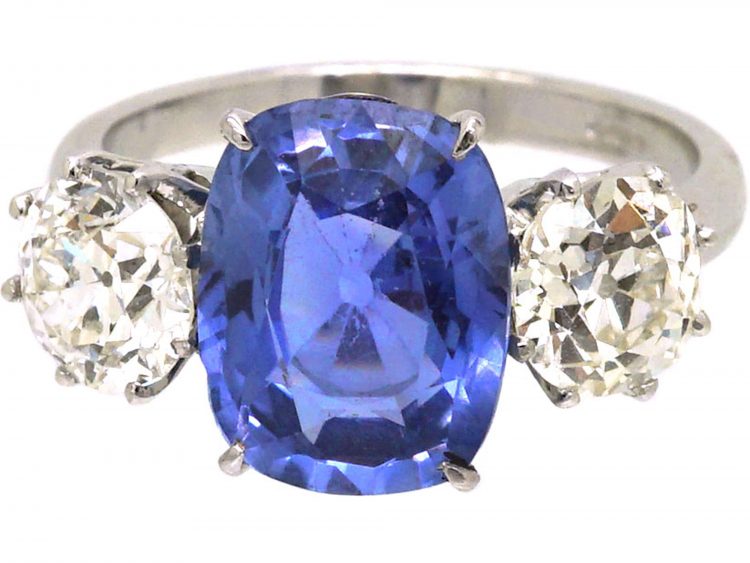 Platinum Large Unheated Sapphire & Diamond Three Stone Ring