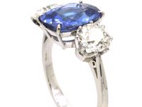 Platinum Large Unheated Sapphire & Diamond Three Stone Ring