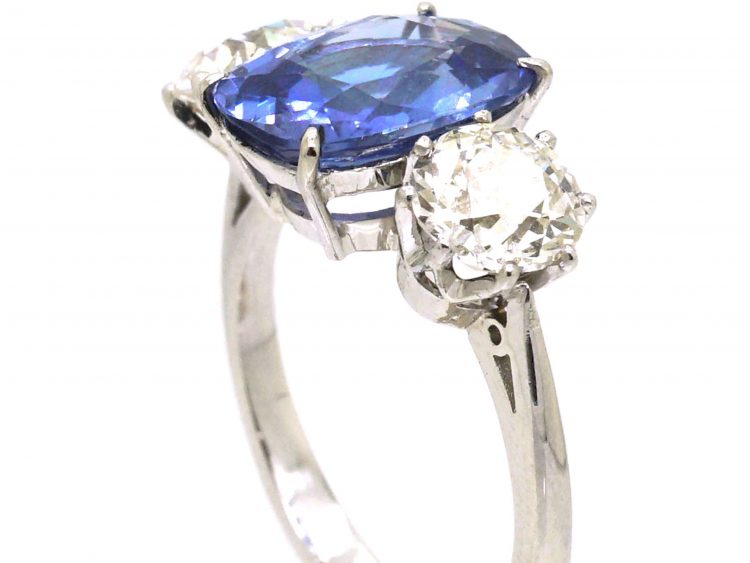 Platinum Large Unheated Sapphire & Diamond Three Stone Ring