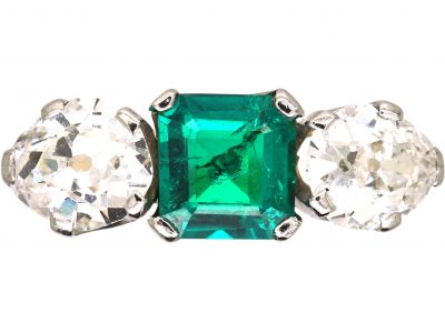 Early 20th Century 18ct Gold & Platinum Emerald & Pear Shaped Diamond Three Stone Ring