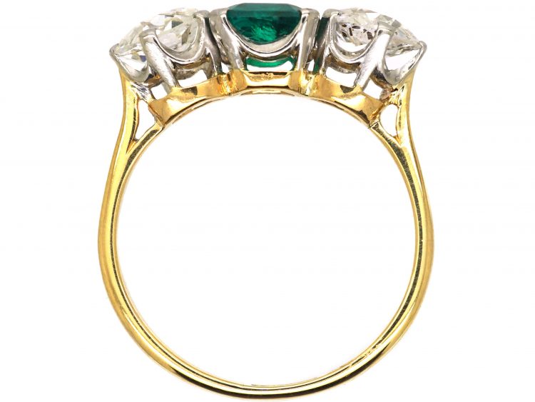 Early 20th Century 18ct Gold & Platinum Emerald & Pear Shaped Diamond Three Stone Ring
