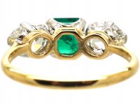 Early 20th Century 18ct Gold & Platinum Emerald & Pear Shaped Diamond Three Stone Ring