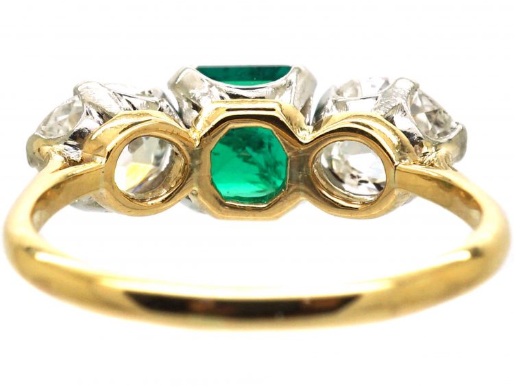 Early 20th Century 18ct Gold & Platinum Emerald & Pear Shaped Diamond Three Stone Ring