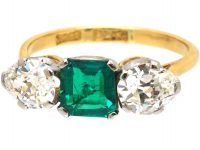 Early 20th Century 18ct Gold & Platinum Emerald & Pear Shaped Diamond Three Stone Ring