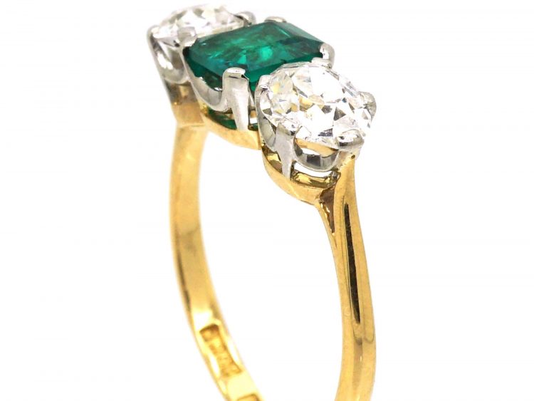 Early 20th Century 18ct Gold & Platinum Emerald & Pear Shaped Diamond Three Stone Ring