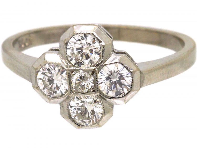 Art Deco 18ct White Gold Five Stone Diamond Quatrefoil Ring