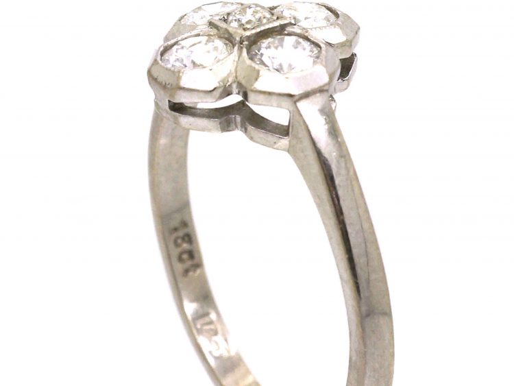 Art Deco 18ct White Gold Five Stone Diamond Quatrefoil Ring