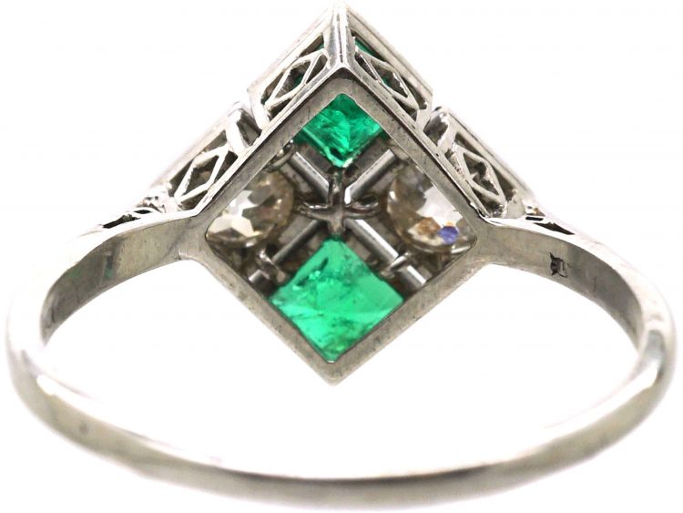 Art Deco Platinum Diamond Shaped Ring set with Emeralds & Diamonds