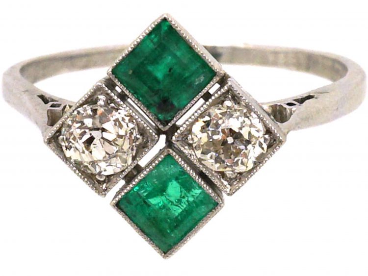 Art Deco Platinum Diamond Shaped Ring set with Emeralds & Diamonds