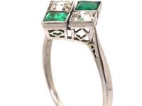 Art Deco Platinum Diamond Shaped Ring set with Emeralds & Diamonds