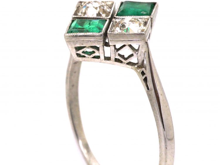 Art Deco Platinum Diamond Shaped Ring set with Emeralds & Diamonds