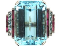 French Retro Platinum Large Aquamarine Ring with Ruby & French Cut Aquamarine Shoulders French Retro Platinum Large Aquamarine Ring with Ruby & French Cut Aquamarine Shoulders