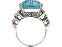 French Retro Platinum Large Aquamarine Ring with Ruby & French Cut Aquamarine Shoulders