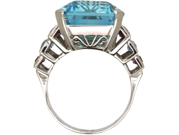 French Retro Platinum Large Aquamarine Ring with Ruby & French Cut Aquamarine Shoulders