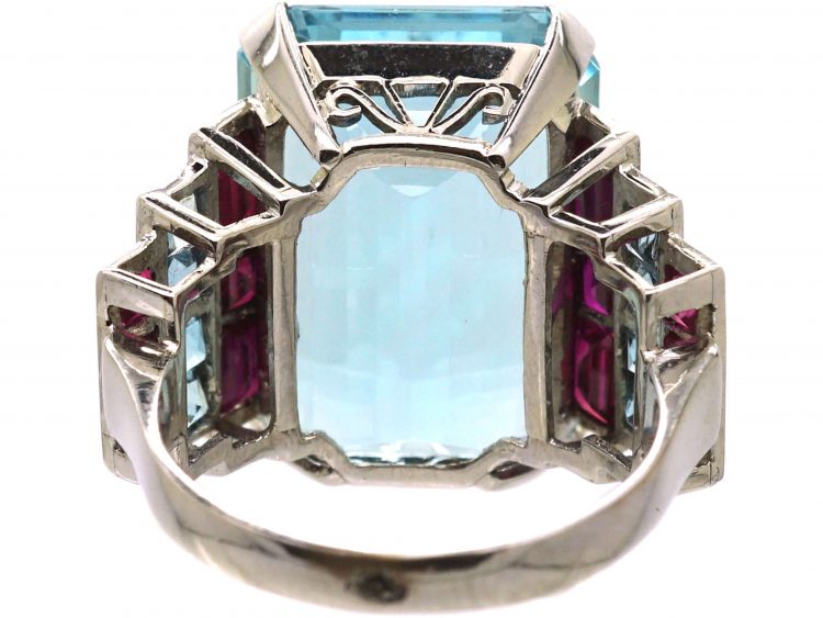 French Retro Platinum Large Aquamarine Ring with Ruby & French Cut Aquamarine Shoulders