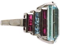French Retro Platinum Large Aquamarine Ring with Ruby & French Cut Aquamarine Shoulders