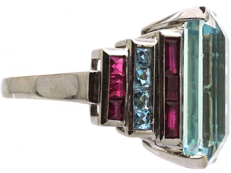French Retro Platinum Large Aquamarine Ring with Ruby & French Cut Aquamarine Shoulders