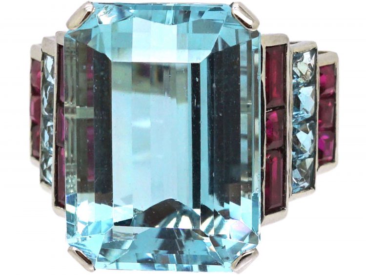 French Retro Platinum Large Aquamarine Ring with Ruby & French Cut Aquamarine Shoulders