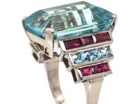 French Retro Platinum Large Aquamarine Ring with Ruby & French Cut Aquamarine Shoulders