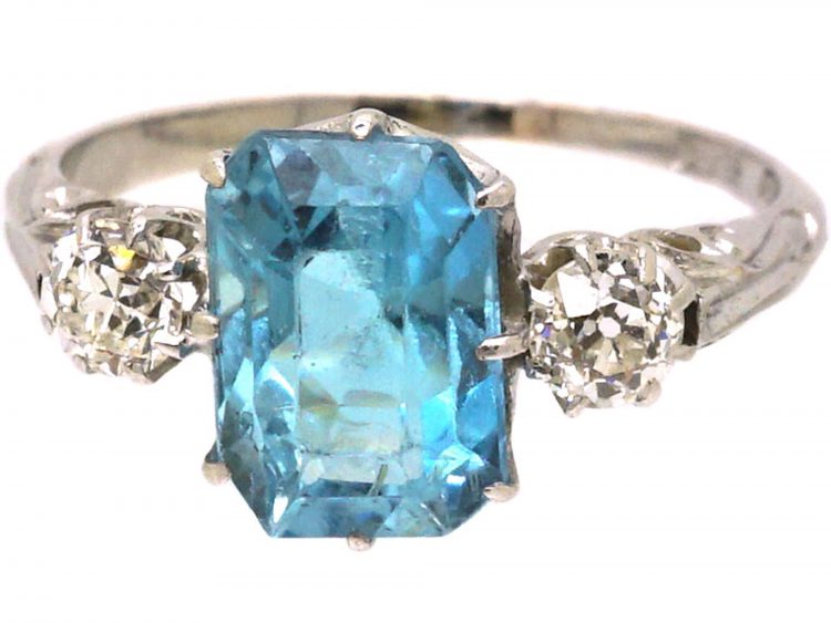 Art Deco 18ct White Gold Aquamarine & Diamond Ring