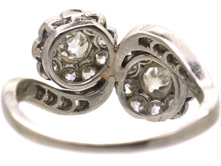 Edwardian Platinum Crossover Double Daisy Cluster Diamond Ring