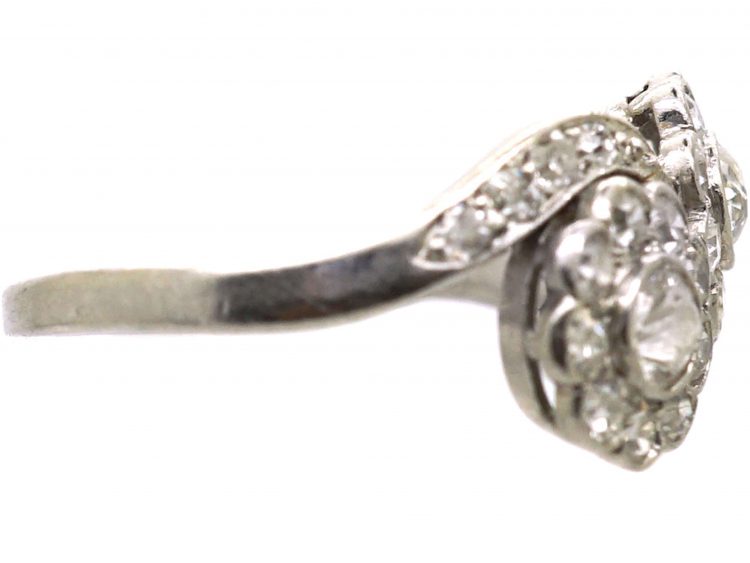 Edwardian Platinum Crossover Double Daisy Cluster Diamond Ring