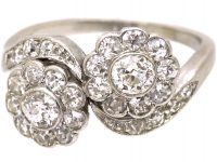Edwardian Platinum Crossover Double Daisy Cluster Diamond Ring