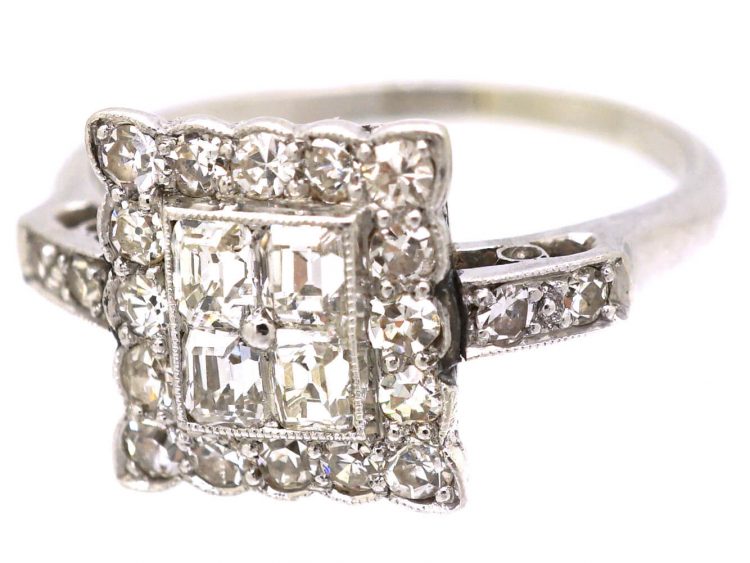 Art Deco 18ct White Gold & Platinum, Square Ring set with Diamonds