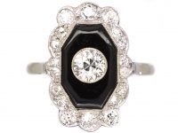 French Art Deco Platinum Ring set with Onyx & Diamonds
