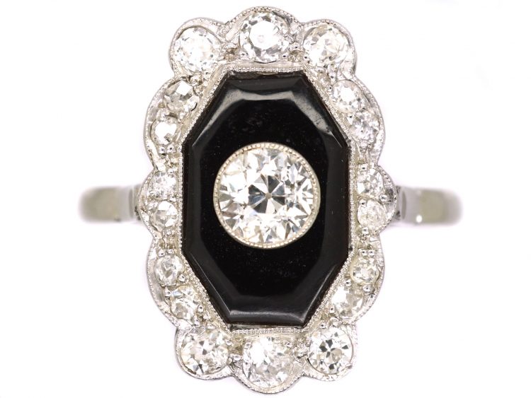 French Art Deco Platinum Ring set with Onyx & Diamonds