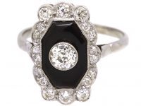 French Art Deco Platinum Ring set with Onyx & Diamonds