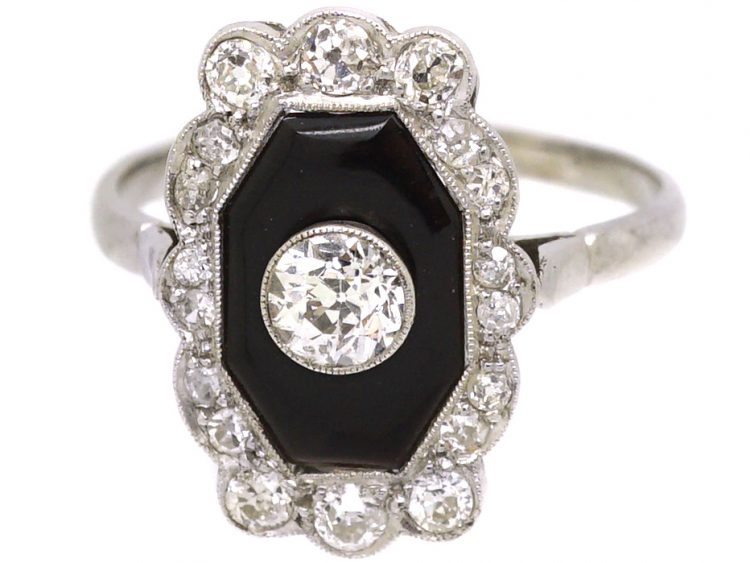 French Art Deco Platinum Ring set with Onyx & Diamonds