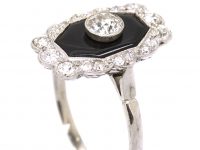 French Art Deco Platinum Ring set with Onyx & Diamonds
