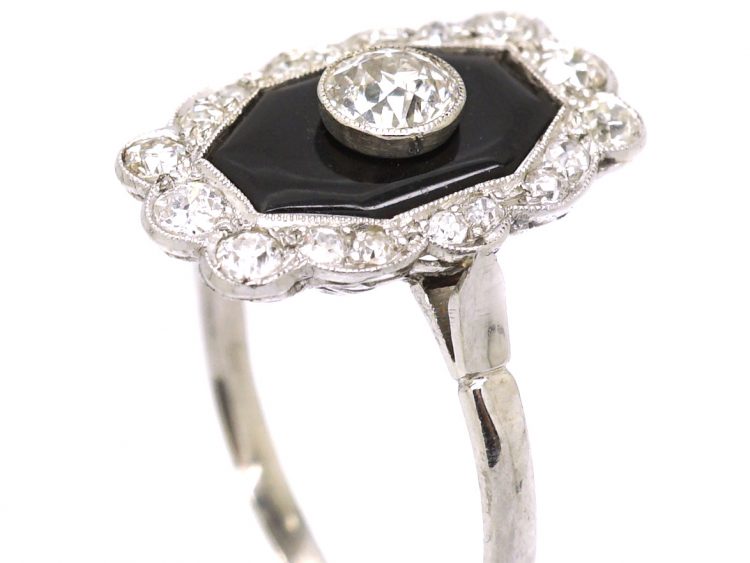 French Art Deco Platinum Ring set with Onyx & Diamonds