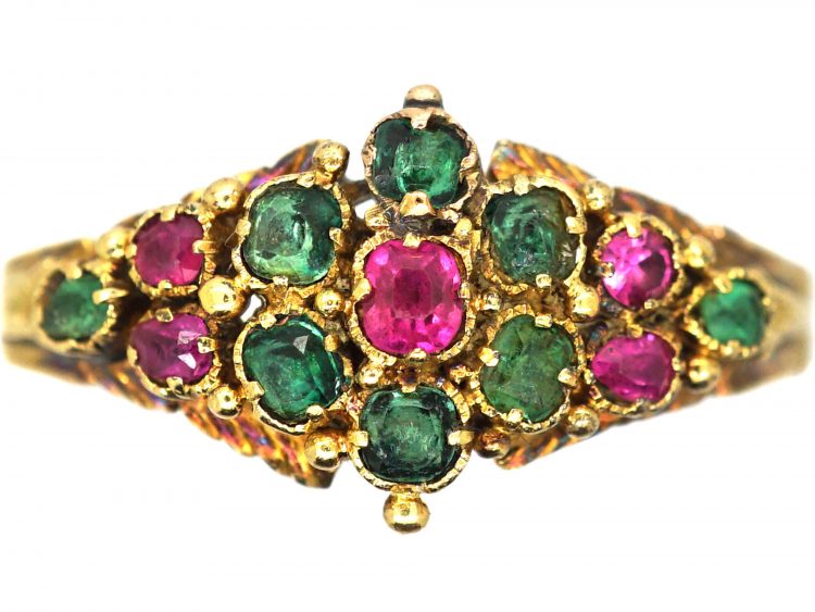 Regency 15ct Gold, Emerald & Ruby Cluster Ring
