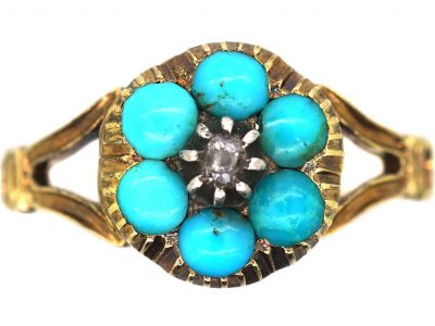 Georgian 15ct Gold Turquoise & Diamond Cluster Locket Ring